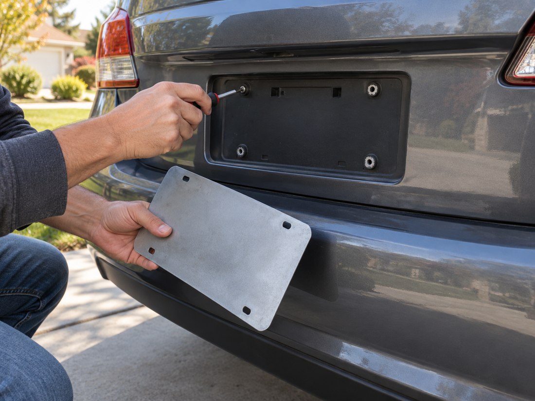 Hands at an empty rear plate mount, with the removed plate held plain reverse side out.